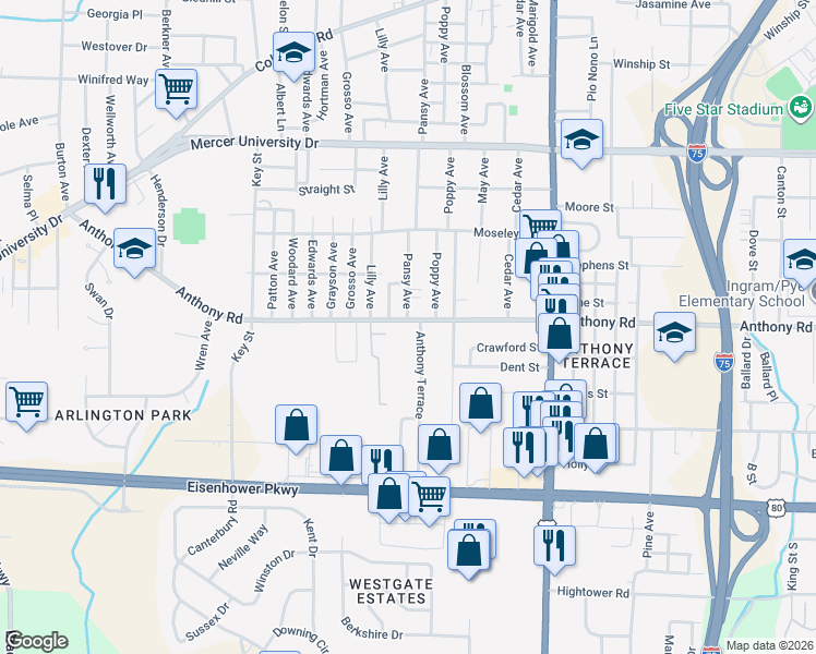 map of restaurants, bars, coffee shops, grocery stores, and more near 1616 Anthony Road in Macon