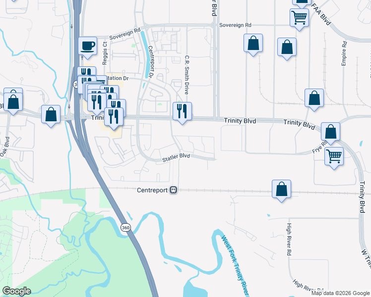 map of restaurants, bars, coffee shops, grocery stores, and more near 14609 Chimney Meadow Street in Fort Worth