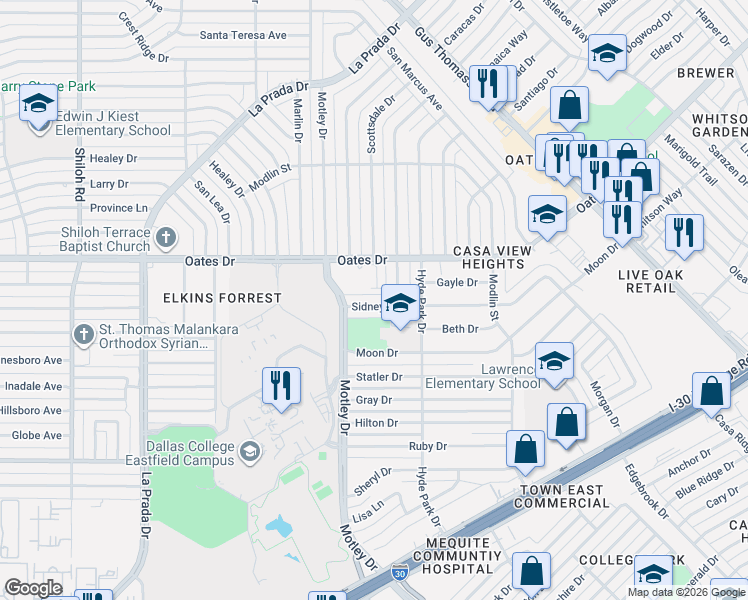 map of restaurants, bars, coffee shops, grocery stores, and more near 3717 Sidney Drive in Mesquite