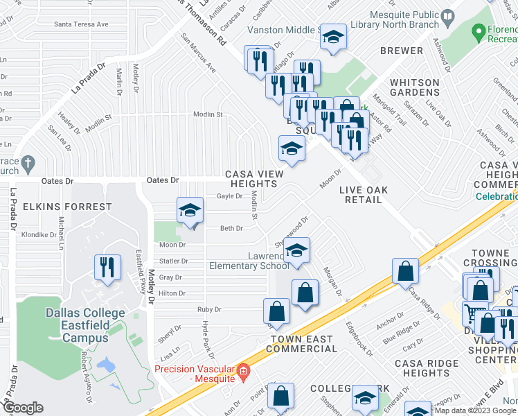 map of restaurants, bars, coffee shops, grocery stores, and more near 3345 Sidney Drive in Mesquite