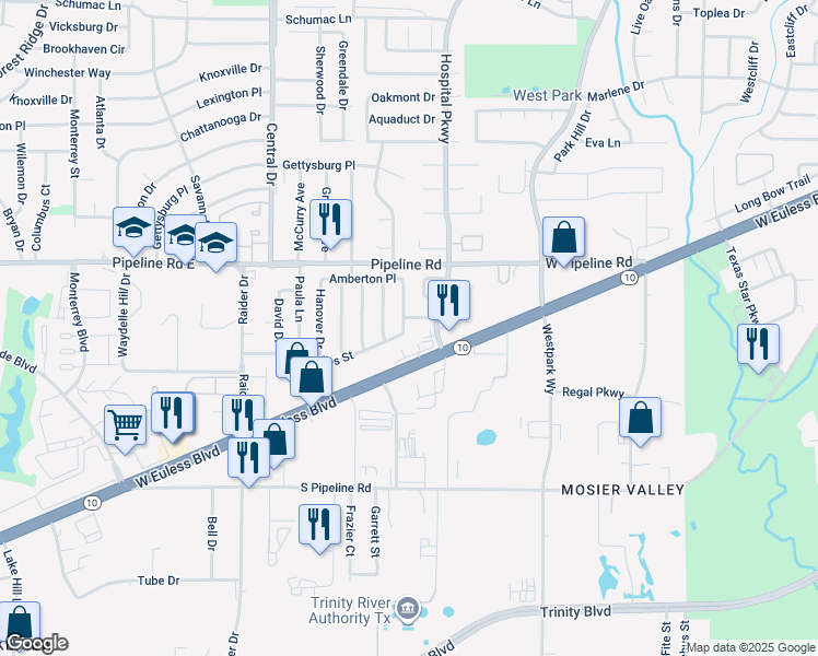 map of restaurants, bars, coffee shops, grocery stores, and more near 1203 Middlebury Lane in Euless