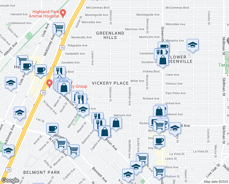 map of restaurants, bars, coffee shops, grocery stores, and more near 5410 Willis Avenue in Dallas
