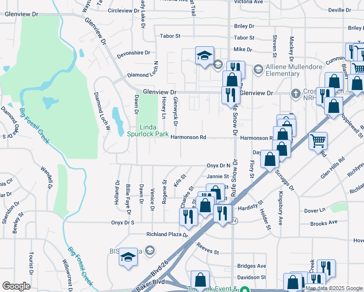 map of restaurants, bars, coffee shops, grocery stores, and more near 3836 Harmonson Court in North Richland Hills
