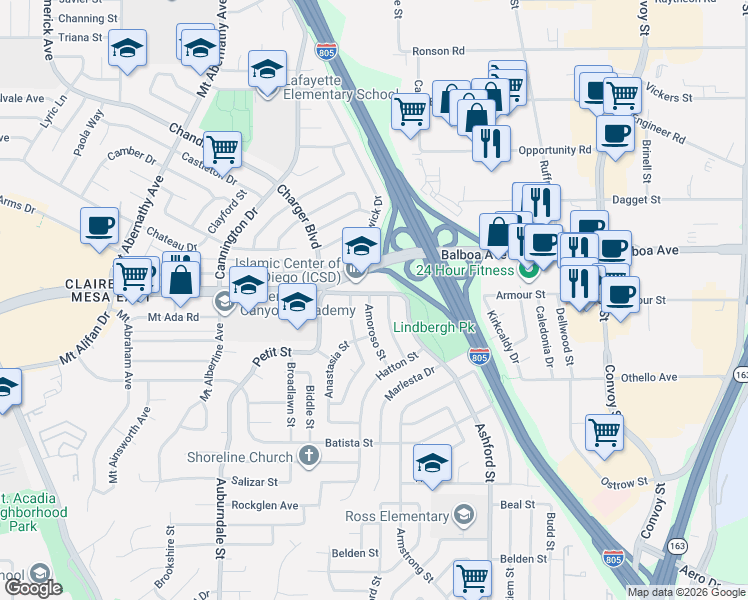 map of restaurants, bars, coffee shops, grocery stores, and more near 4199 Amoroso Street in San Diego