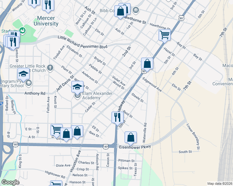 map of restaurants, bars, coffee shops, grocery stores, and more near 473 Giles Street in Macon