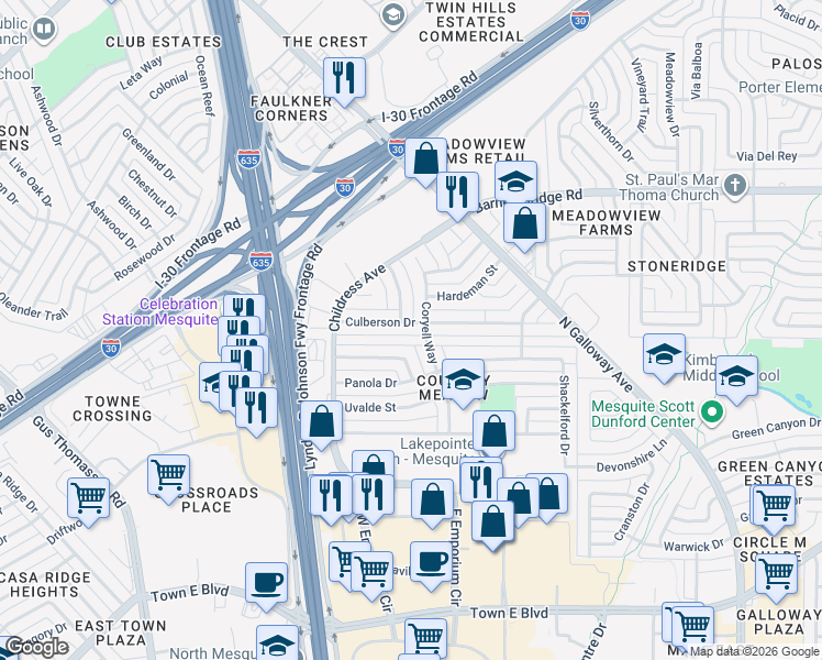 map of restaurants, bars, coffee shops, grocery stores, and more near 1712 Culberson Drive in Mesquite