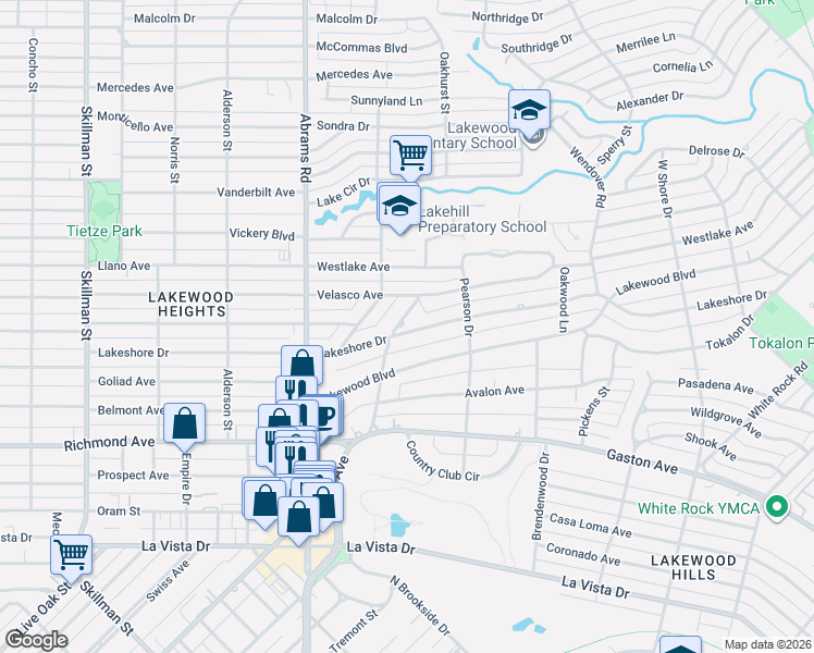 map of restaurants, bars, coffee shops, grocery stores, and more near 6617 Lakeshore Drive in Dallas