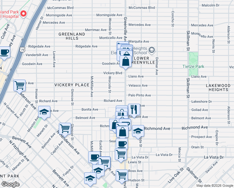 map of restaurants, bars, coffee shops, grocery stores, and more near 5630 Willis Avenue in Dallas