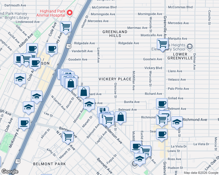 map of restaurants, bars, coffee shops, grocery stores, and more near 5334 Willis Avenue in Dallas