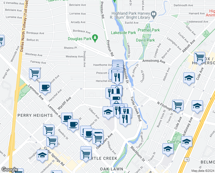 map of restaurants, bars, coffee shops, grocery stores, and more near 4213 Wycliff Avenue in Dallas