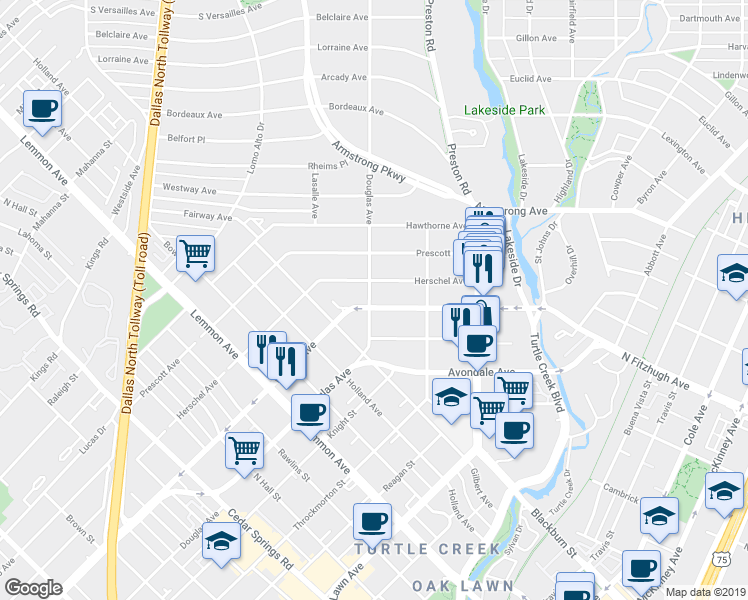 map of restaurants, bars, coffee shops, grocery stores, and more near 4220 Douglas Avenue in Dallas