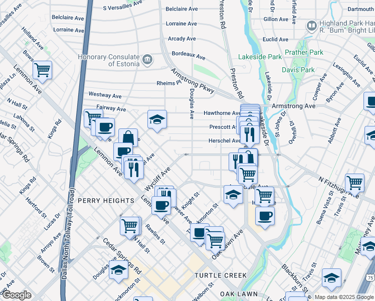 map of restaurants, bars, coffee shops, grocery stores, and more near 4220 Douglas Avenue in Dallas