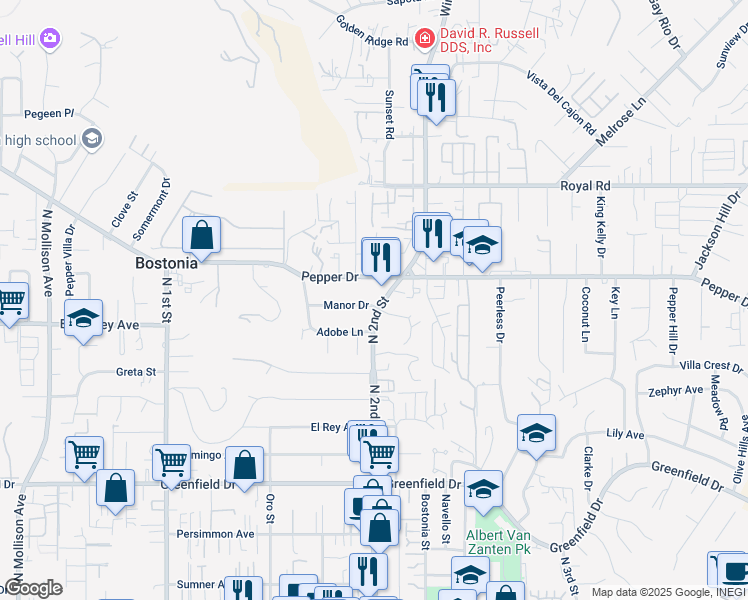 map of restaurants, bars, coffee shops, grocery stores, and more near 1280 Manor Drive in El Cajon