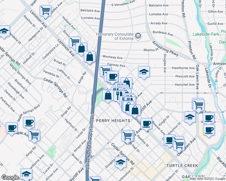 map of restaurants, bars, coffee shops, grocery stores, and more near 4532 Lemmon Avenue in Dallas