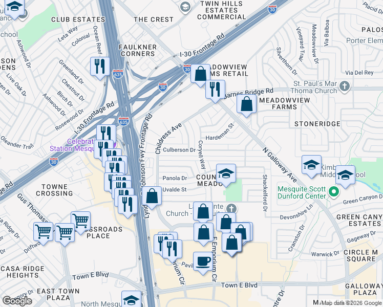map of restaurants, bars, coffee shops, grocery stores, and more near 1712 Culberson Drive in Mesquite