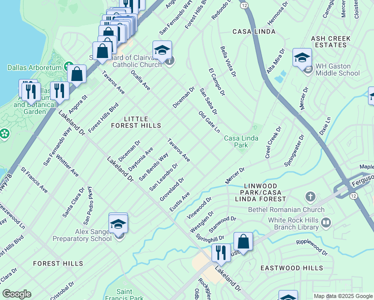 map of restaurants, bars, coffee shops, grocery stores, and more near 8911 San Leandro Drive in Dallas