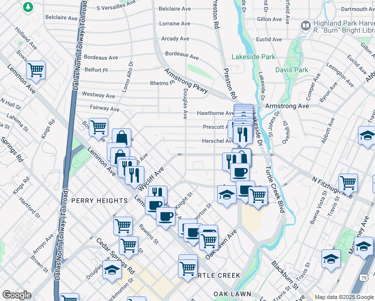 map of restaurants, bars, coffee shops, grocery stores, and more near 4220 Douglas Avenue in Dallas