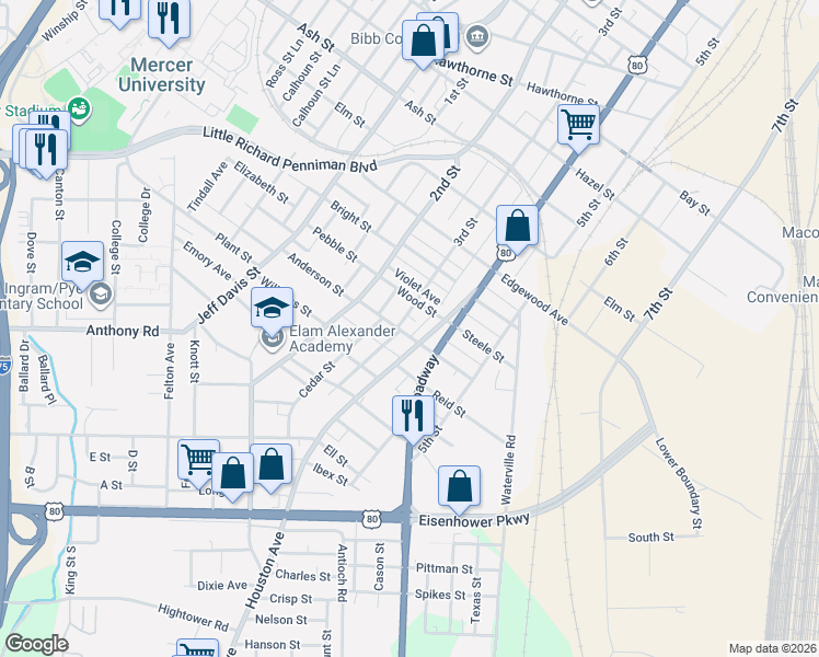 map of restaurants, bars, coffee shops, grocery stores, and more near 473 Giles Street in Macon