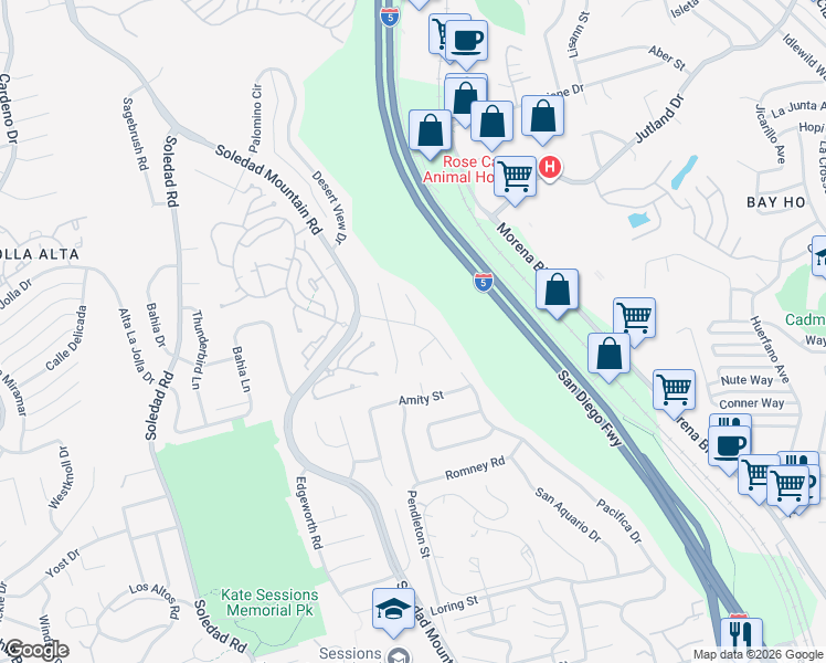 map of restaurants, bars, coffee shops, grocery stores, and more near 5468 Pacifica Drive in San Diego