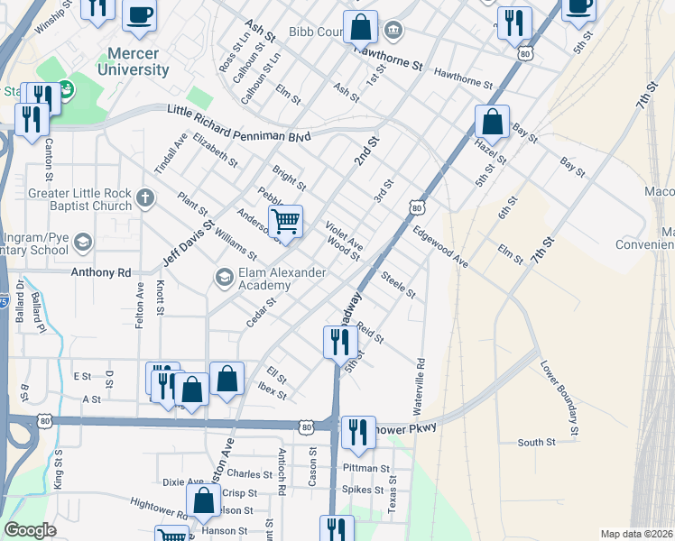 map of restaurants, bars, coffee shops, grocery stores, and more near 473 Giles St in Macon