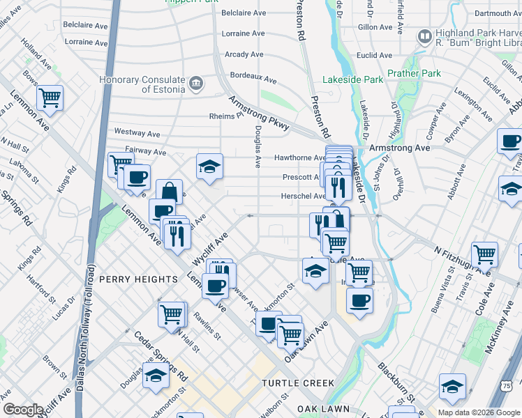map of restaurants, bars, coffee shops, grocery stores, and more near 4220 Douglas Avenue in Dallas