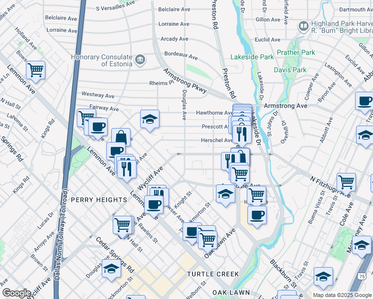map of restaurants, bars, coffee shops, grocery stores, and more near 4220 Douglas Avenue in Dallas