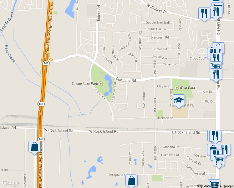 map of restaurants, bars, coffee shops, grocery stores, and more near 724 Olde Towne Drive in Irving