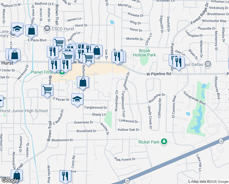 map of restaurants, bars, coffee shops, grocery stores, and more near 1205 Woodridge Circle in Euless