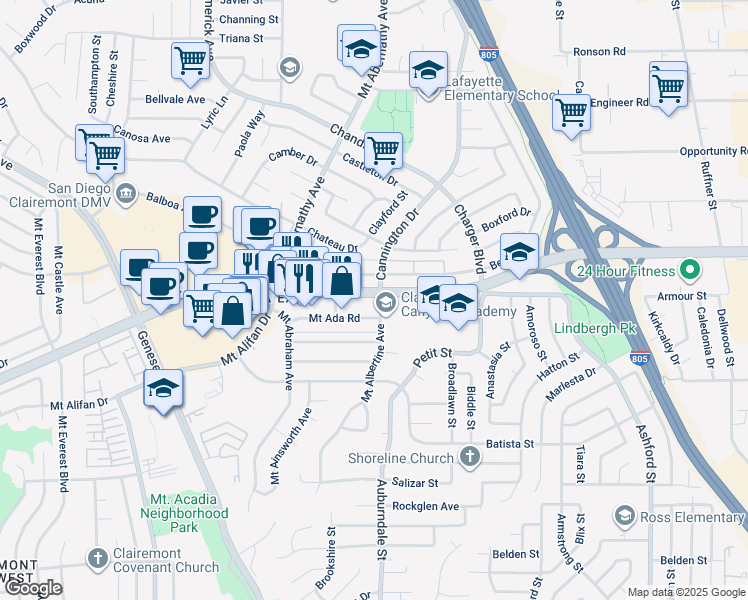 map of restaurants, bars, coffee shops, grocery stores, and more near 6565 Balboa Avenue in San Diego