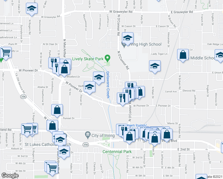 map of restaurants, bars, coffee shops, grocery stores, and more near 613 Campana Court in Irving