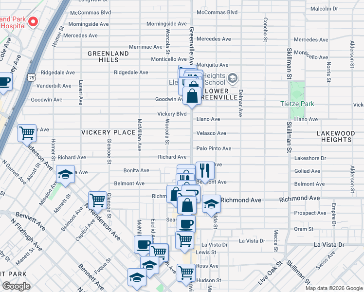 map of restaurants, bars, coffee shops, grocery stores, and more near 5630 Willis Avenue in Dallas