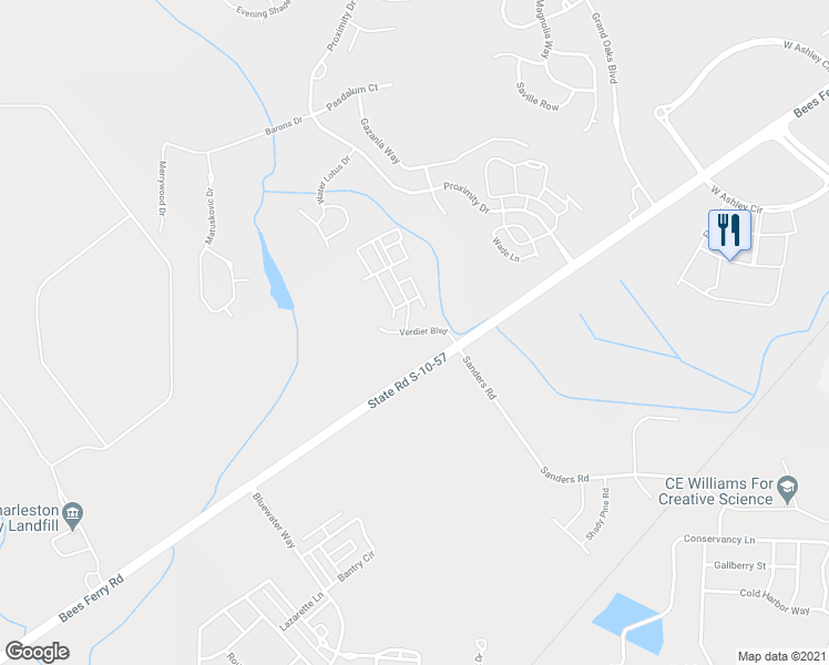 map of restaurants, bars, coffee shops, grocery stores, and more near Verdier Boulevard in Charleston