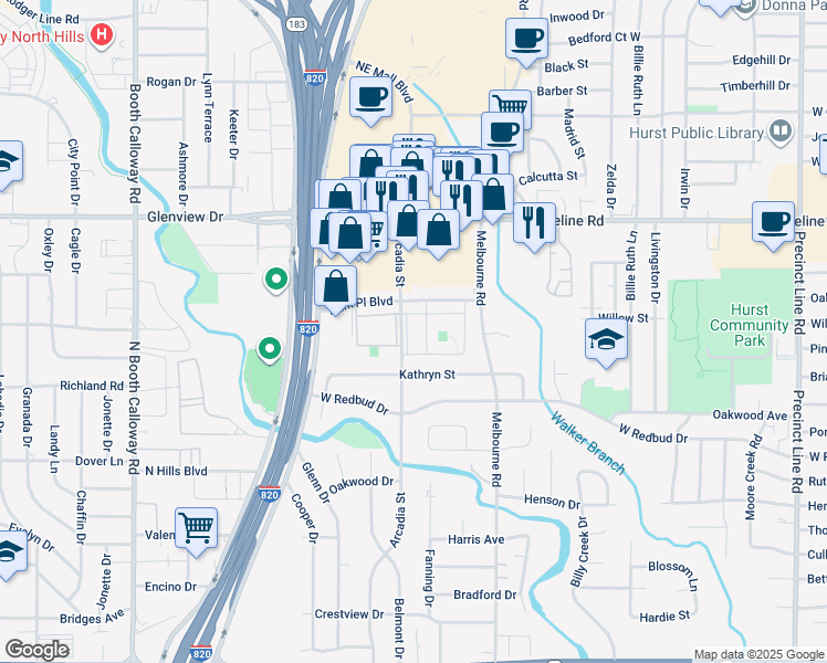 map of restaurants, bars, coffee shops, grocery stores, and more near 640 Arcadia Street in Hurst
