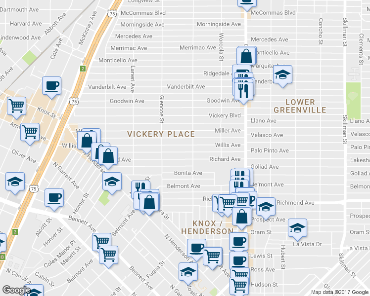 map of restaurants, bars, coffee shops, grocery stores, and more near 5444 Willis Avenue in Dallas