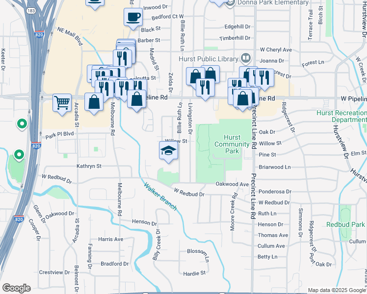 map of restaurants, bars, coffee shops, grocery stores, and more near 546 Billie Ruth Lane in Hurst