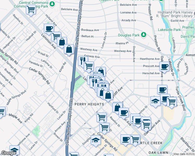 map of restaurants, bars, coffee shops, grocery stores, and more near 4502 Bowser Avenue in Dallas