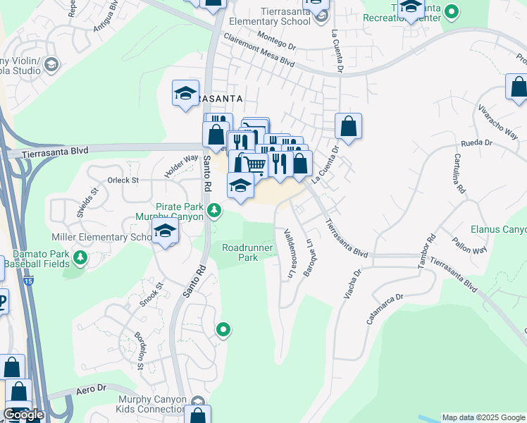 map of restaurants, bars, coffee shops, grocery stores, and more near 4880 La Cuenta Drive in San Diego