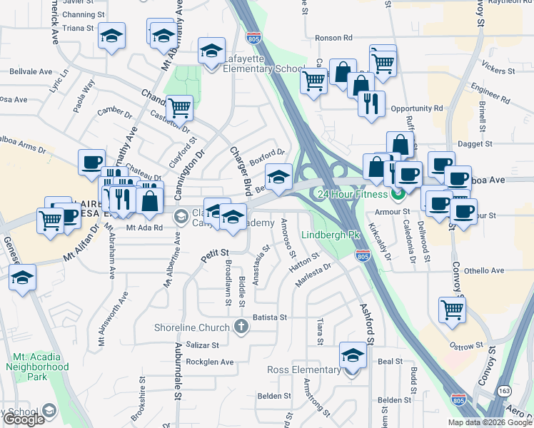 map of restaurants, bars, coffee shops, grocery stores, and more near 7051 Eckstrom Avenue in San Diego