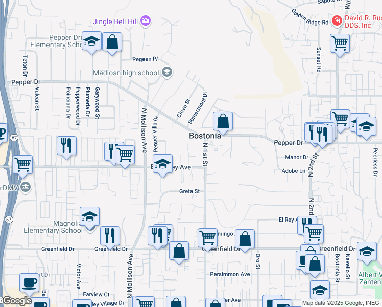 map of restaurants, bars, coffee shops, grocery stores, and more near 1048 Summer Court in El Cajon