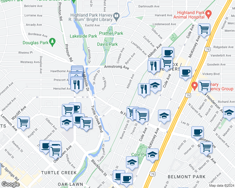 map of restaurants, bars, coffee shops, grocery stores, and more near 3622 Edgewater Street in Dallas
