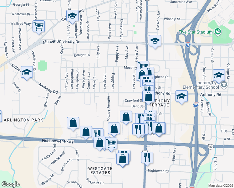 map of restaurants, bars, coffee shops, grocery stores, and more near 1508 Anthony Road in Macon