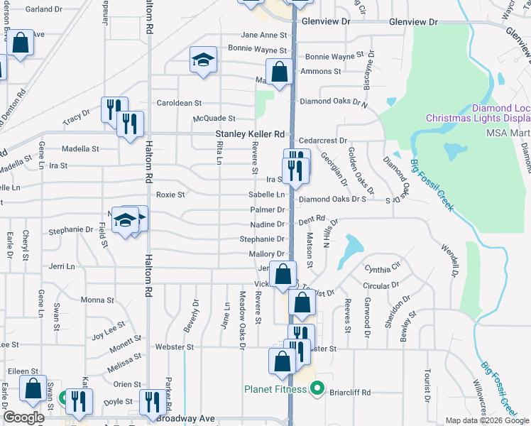 map of restaurants, bars, coffee shops, grocery stores, and more near 5408 Palmer Dr in Fort Worth