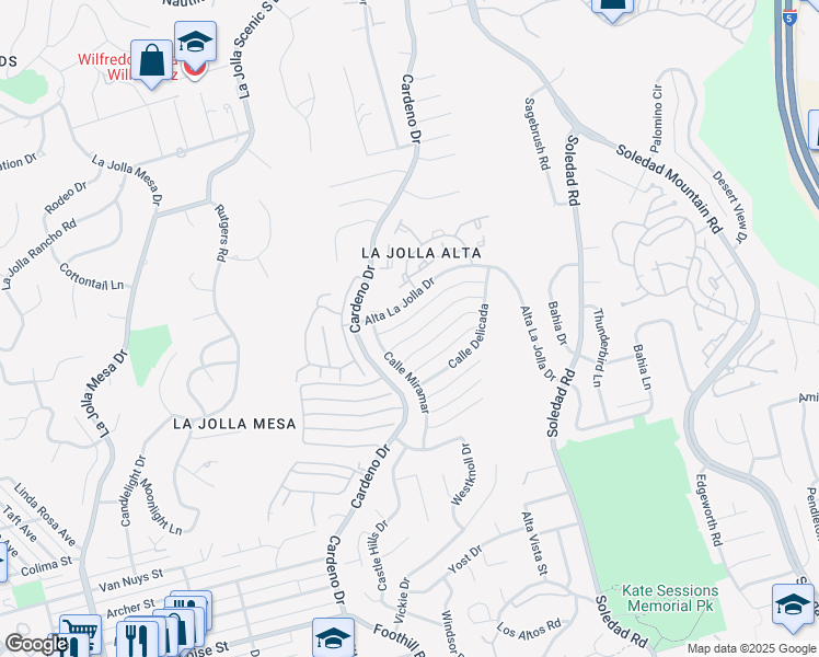 map of restaurants, bars, coffee shops, grocery stores, and more near 1583 Calle De Primra in San Diego