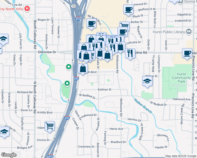 map of restaurants, bars, coffee shops, grocery stores, and more near 640-680 Arcadia St in Hurst