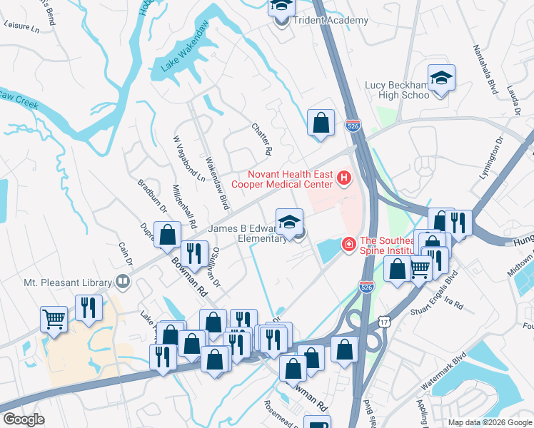 map of restaurants, bars, coffee shops, grocery stores, and more near 818 Abcaw Way in Mount Pleasant