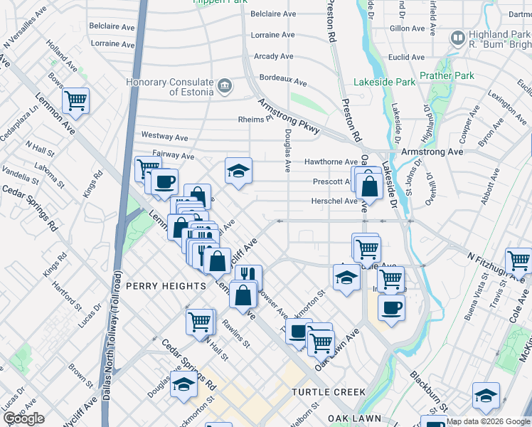 map of restaurants, bars, coffee shops, grocery stores, and more near 3929 Wycliff Avenue in Dallas