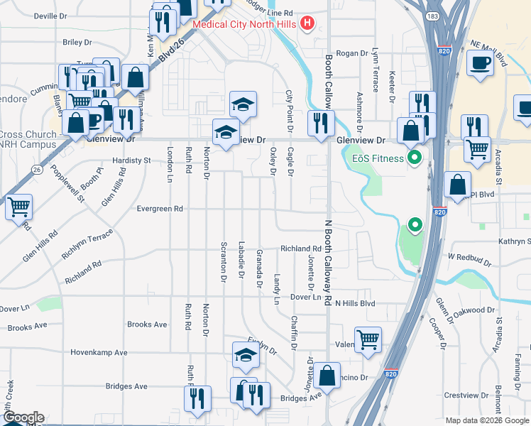 map of restaurants, bars, coffee shops, grocery stores, and more near 3725 Granada Drive in Richland Hills