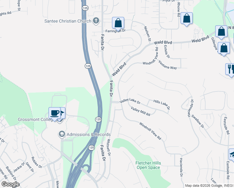 map of restaurants, bars, coffee shops, grocery stores, and more near 2437 Windmill View Rd in El Cajon