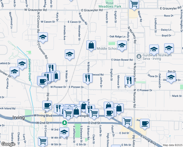 map of restaurants, bars, coffee shops, grocery stores, and more near 405 Elwood Road in Irving