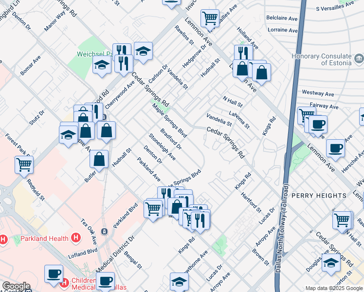 map of restaurants, bars, coffee shops, grocery stores, and more near 5122 Bradford Drive in Dallas